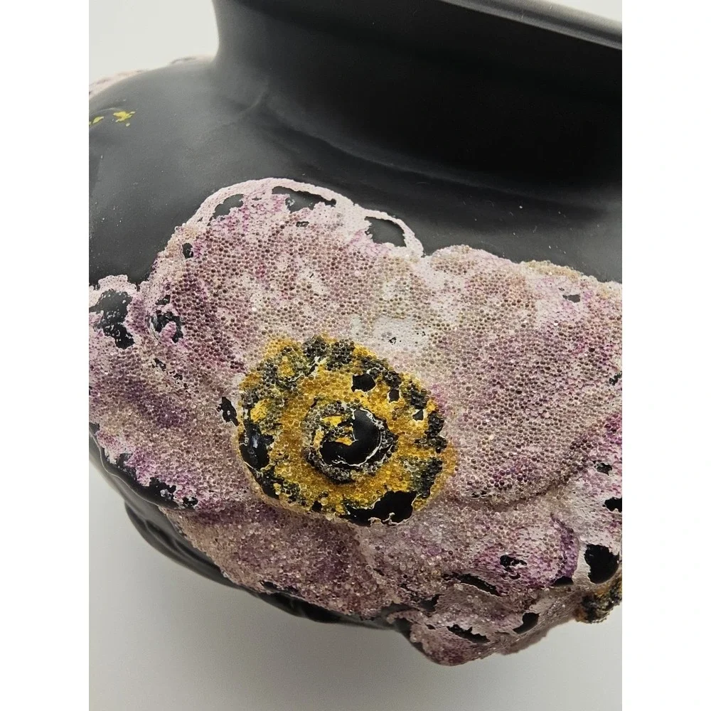 Antique Tiffin Coralene Embossed Handpainted  Poppy Vase Black Satin On Amethyst